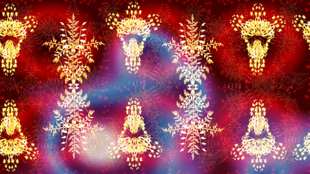 Christmas cute background with snowflakes abstract background. Golden snowflakes. Colors. Raster illustration. Holiday design for Christmas and New Year fashion prints.の写真素材