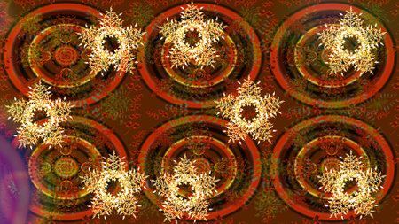 New year snowflake. Flat snow doodle icons, snow flakes silhouette for Christmas banner, cards. Cute abstract snowflake raster design on brown, orange and yellow colors.の写真素材