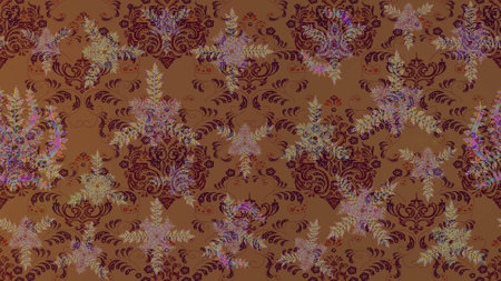 Round raster snowflake. Abstract winter brown, purple and neutral ornament. Isolated cute snowflakes on colorful background. Raster illustration. Fine snow flake.の写真素材