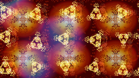 Round raster snowflake. Isolated cute snowflakes on colorful background. Abstract winter brown, red and orange ornament. Fine snowflake. Raster illustration.の写真素材