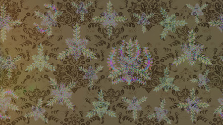 Snowflakes radial brown, green and neutral colors. Isolated nice snowflakes on colorful background.Raster illustration.の写真素材