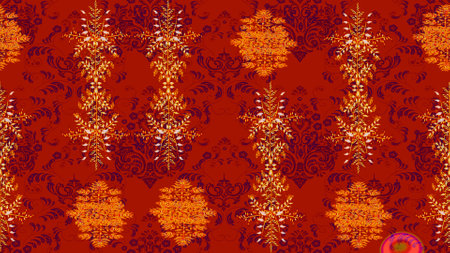 Retro textile design collection. Silk scarf with blooming flowers. 1950s-1960s motifs. Abstract sketch raster pattern with hand drawn floral elements. Red, orange and purple on red, orange, purple.の写真素材