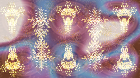 Flat design of snowflakes isolated on colorful background. Snowflakes background. Snowflake ornamental pattern. Snowflakes pattern. Raster illustration.の写真素材