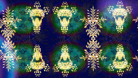Isolated cute snowflakes on colorful background. Fine snowflake. Abstract winter golden ornament. Round raster snowflake. Raster illustration.の写真素材