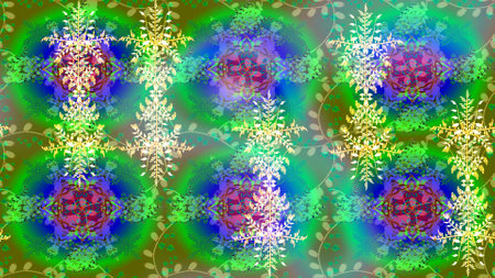 Flat snow doodle icons, snow flakes silhouette in green, blue and neutral colors for Christmas banner, cards. Nice abstract snowflakes raster design. New year snowflake.の写真素材