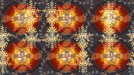 Decorative christmas background with bokeh brown, gray and oranges and snowflakes. Raster illustration.の写真素材