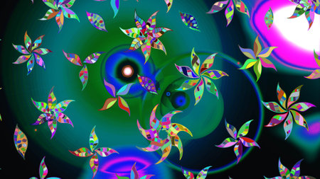 Sketch pattern with floral ornament. Raster illustration. Flowers on blue, green and black colors.の写真素材
