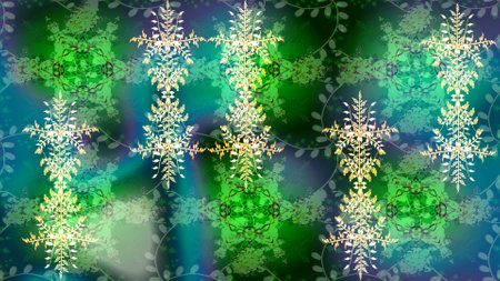 Winter snowflakes, raster background. Repeated texture for surface, wrapping paper, Snowflake on green, blue and neutral colors.の写真素材