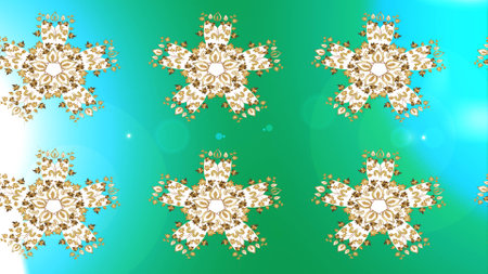 Xmas frost snow flake isolated silhouette symbol. Winter christmas snow flat crystal element. Raster. Weather illustration ice collection. Snowflake raster icon background green, blue and white color.の写真素材