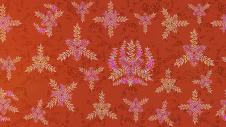 Beautiful raster orange, brown and pink snowflakes isolated on a colorful background. Snowflakes, snowfall. Falling Christmas stylized snowflakes. Illustration.の写真素材