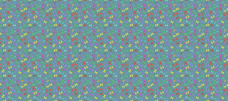 Seamless pattern with interesting doodles on colorfil background. Raster illustration. Butterflies. Pano.の写真素材
