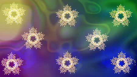 Xmas frost snow flake isolated silhouette symbol. Raster. Snowflake raster icon background blue, green and violet color. Weather illustration ice collection. Winter christmas snow flat crystal elementの写真素材