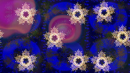 Winter card Merry Christmas, New Year and Happy Holiday raster illustration. Christmas card with blue, purple and gray snowflakes on blue, purple and gray colors. Snowflakes background.の写真素材