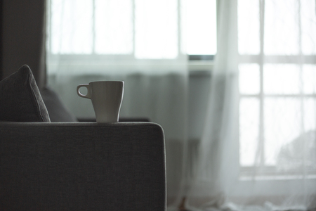 A cup of coffee. Gray sofa. Big window. Scandinavian style. Copy spaceの写真素材