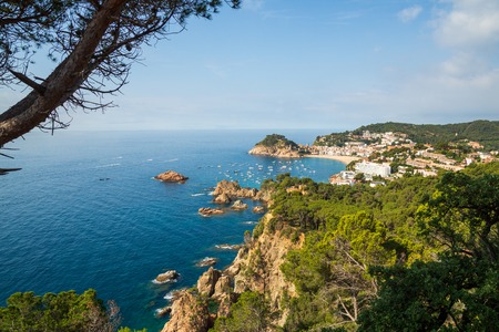 Panoramic view of Tossa de Mar Costa Brava Spain Bay with boatsの写真素材