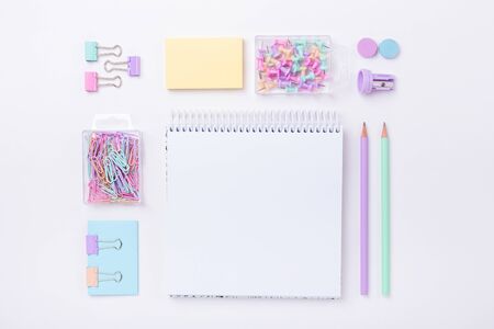 School supplies in pastel color Back to school concept Flat lay Top view