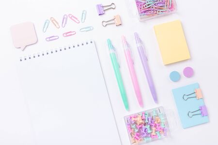 School supplies in pastel color Back to school concept Flat lay Top viewの写真素材