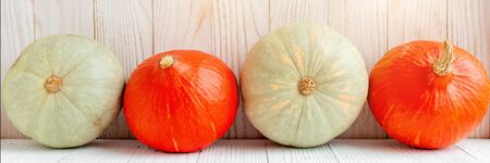 Pumpkins in front of wooden wall Rustic country style Natural organic vegetables food Autumn harvest...