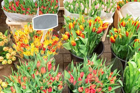 Bunches of beautiful tulip flowers for sale in a flower market. Colorful tulips. Florist service. Woman day - Imageの写真素材