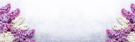 Frame of beautiful purple and white lilacs on stone background. Long horizontal banner. Mockup - Imageの写真素材