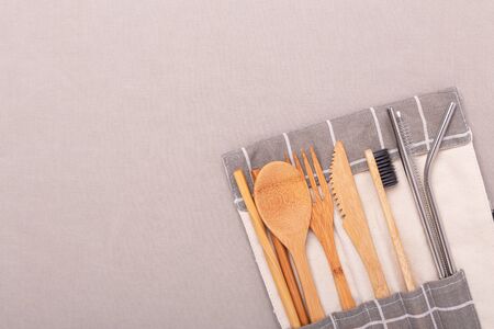 Eco friendly bamboo cutlery on textile background. Zero waste, plastic free concept. Top view, copy space - Imageの写真素材