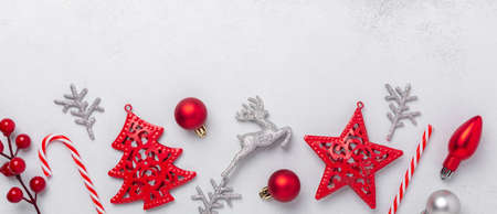 Merry Christmas and Happy Holidays greeting card, frame, banner with alarm clock, silver and red...
