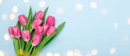 Spring background with pink tulips and bokeh on blue. Top view. Copy space for text - Image