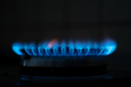 Blue flame gas in the dark. Gas switching on. Natural gas close up - Imageの写真素材
