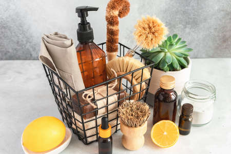 Set of bamboo brushes and natural products for House cleaning. Zero waste eco friendly cleaning concept. Copy space for your text - Imageの写真素材