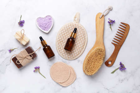 Eco spa products and reusable bathroom accessories on marble background. Zero waste concept - Imageの写真素材