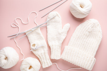 Clew of white wool, knitting needles, hat and mittens in the knitting progress on pastel pink...