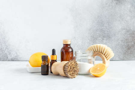 Set of bamboo brushes and natural products for dishwashing. Zero waste eco friendly cleaning...