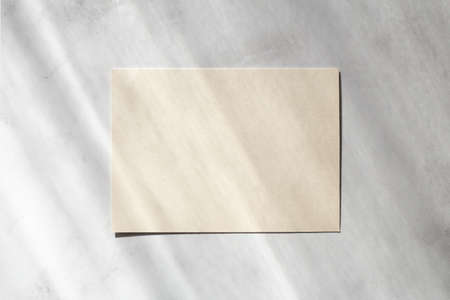 Blank paper sheet cards with sunlight shadows on stone background. Mockup scene with contrasting shadowsの写真素材