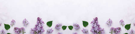Extra long banner with lilac flowers on stone background. Mothers day, womens day concept. Flat lay, top view. Copy spaceの写真素材