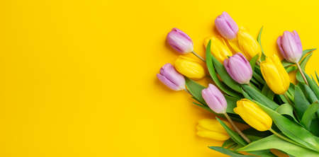 Spring floral background with multicolored tulips on yellow background. Top view. Copy spaceの写真素材