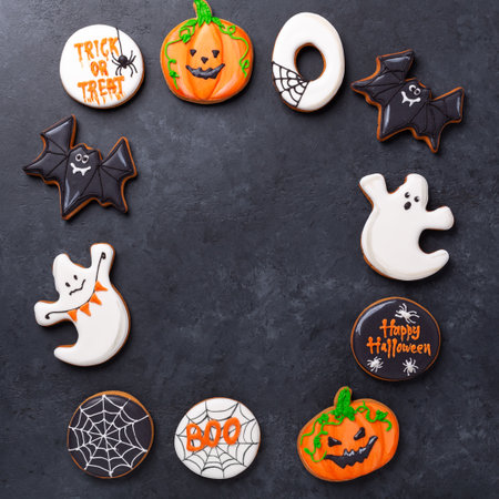 Halloween greeting card with copy space. Set of Halloween gingerbread cookies on dark stone background - Imageの写真素材