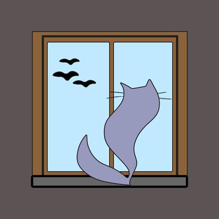 Funny cat looks out the window at flying black birdsのイラスト素材