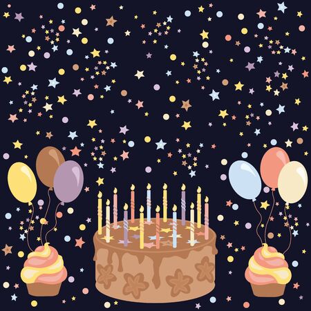 Hand drown cake. candles, balloons pattern. Birthday party decoration element and postcard, banner backgroundのイラスト素材