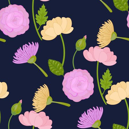 floral seamless pattern against a dark background.のイラスト素材