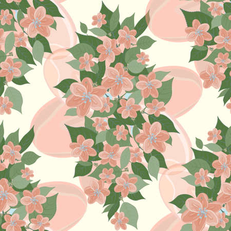 Flowering branch with leaves seamless pattern. Delicate orange color and soft background. Many...