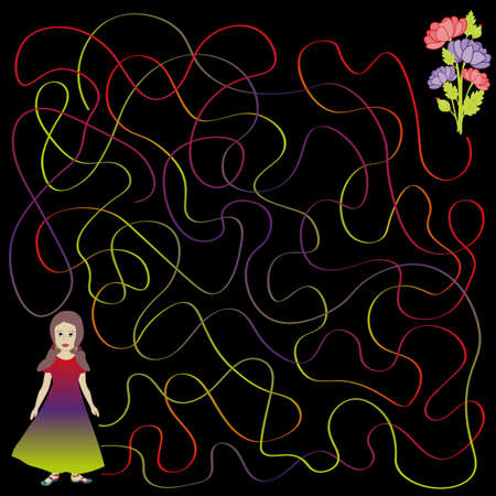 Cartoon Illustration of Education Maze or Labyrinth Game for Preschool Children. Girl find the path to flowers.のイラスト素材