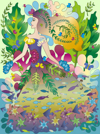 Girl Nature Fantasy clipart. Fantastic world with underwater and fishes. Butterfly and plants harmonyのイラスト素材