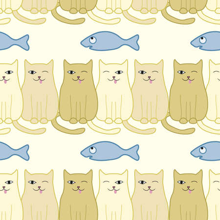 Funny cats and fish seamless pattern. Soft pastel coloursのイラスト素材