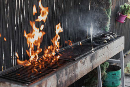 Long rectangular barbecue with fire on the street, eggplants are fried on day outdoor. Summer...