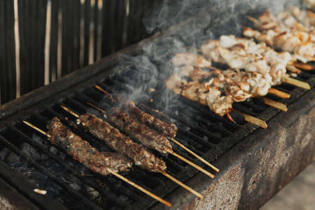 Close-up view of Grilling Chicken Meat, Kebabs and Sausages on long rectangular barbecue with smoke...