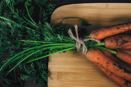 Close-up bouquet of fresh carrots with green leaves on wooden board on dark background. Organic eco food. Carrots with green tops tied with rope. Healthy diet. Freshly picked vegetables with groundの写真素材