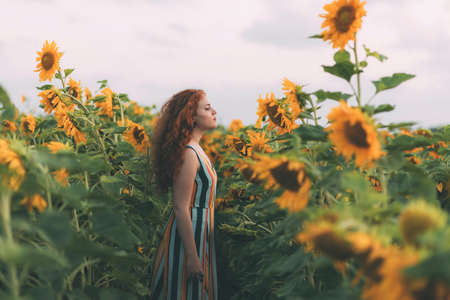 Beautiful girl with red wavy hair and freckles in stripped colorful dress enjoying nature on the...