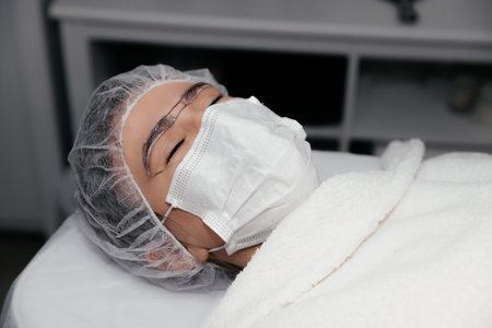 Close-up of the woman face in cap and medical mask with white anesthetic cream on the eyebrows before the permanent makeup procedure. Permanent makeup eyebrows conturing. New reality in beauty worldの写真素材