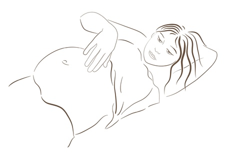 pregnant woman looking at her bellyのイラスト素材