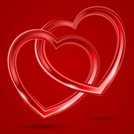 Abstract two glass shiny hearts on the red background.のイラスト素材